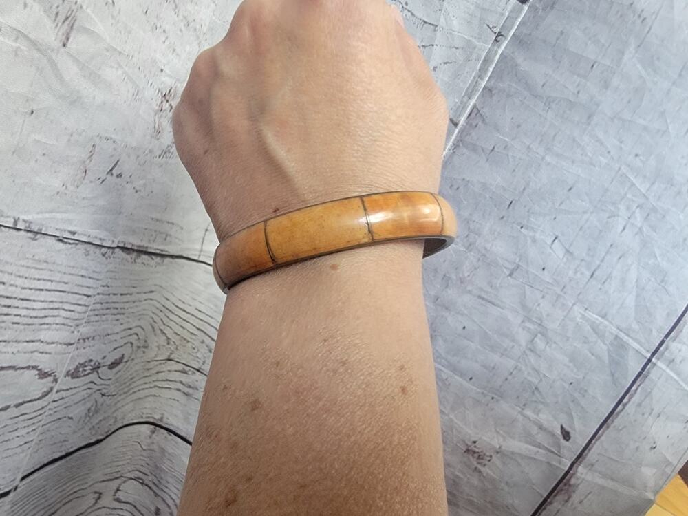 Vintage brass and inlaid bone bangle bracelet 1970s Chunky Bracelet